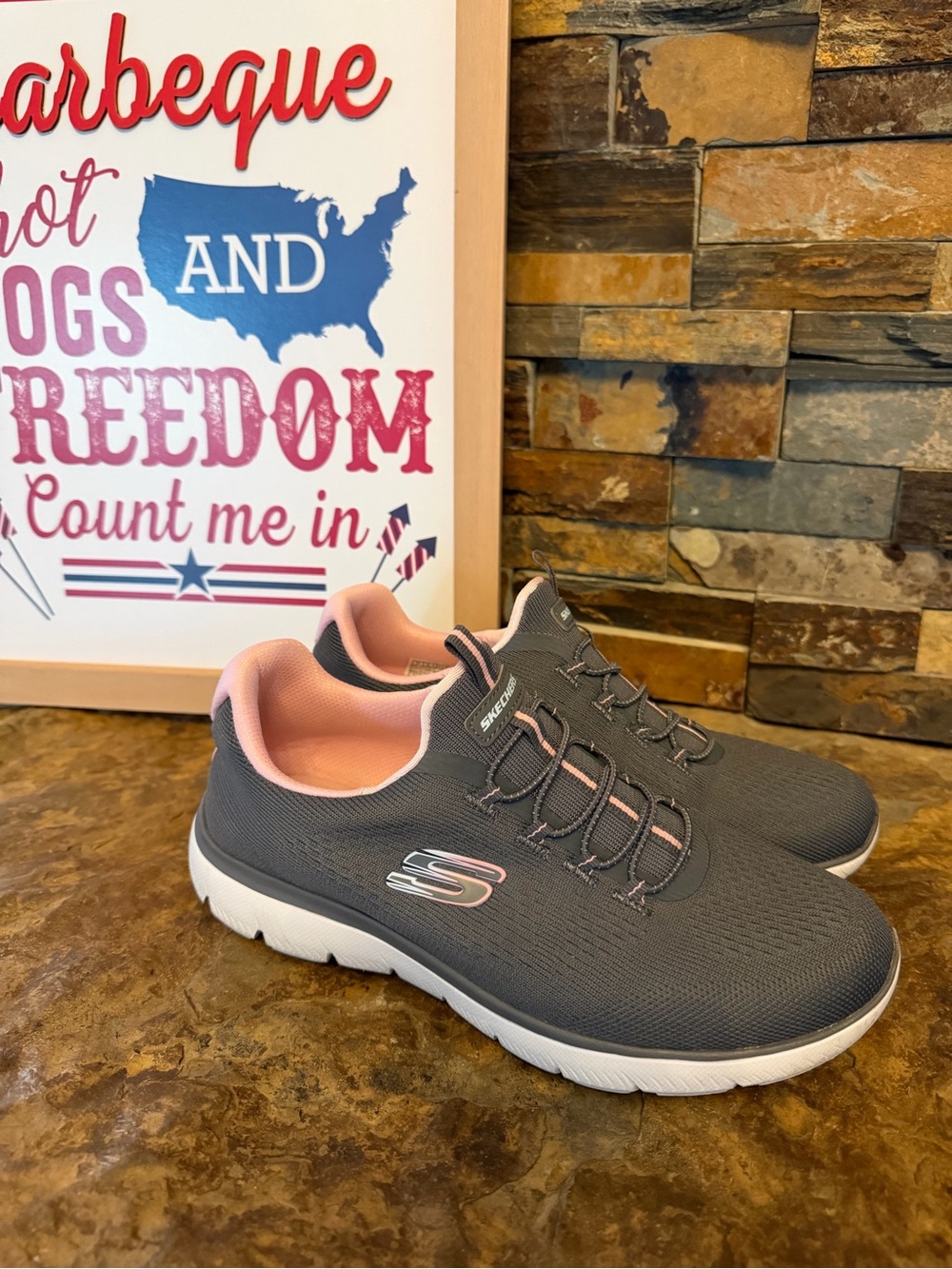 Skechers Gray Slip-On Sneakers with Pink Lining 7 wide